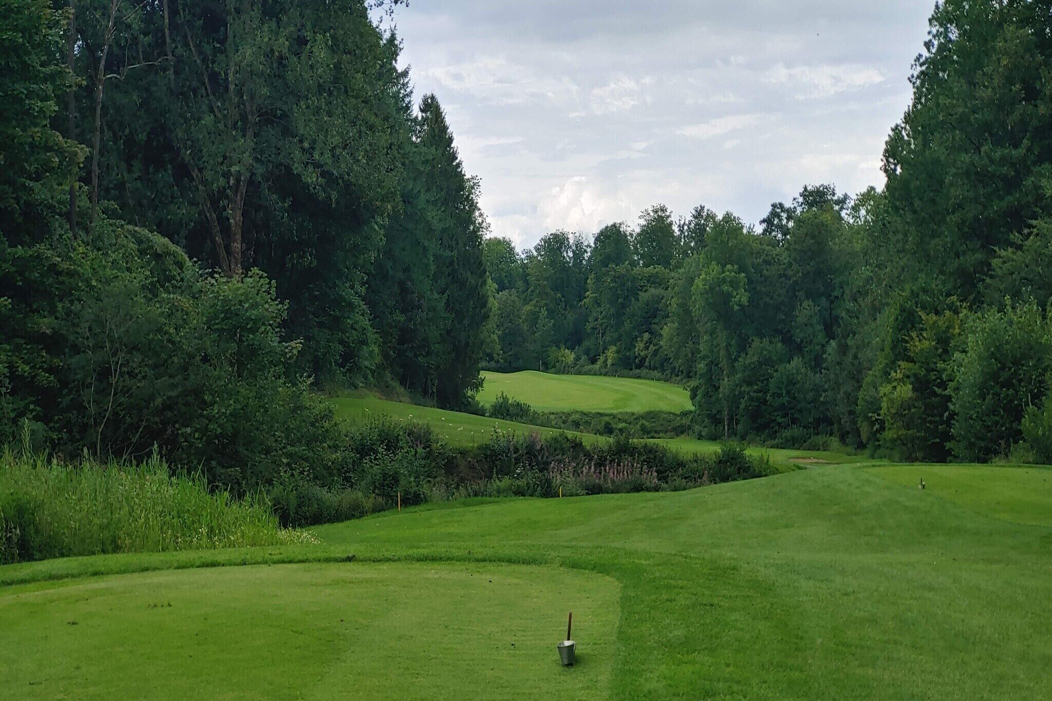 Een golfbaan met glooiende heuvels, weelderige bomen en een heldere lucht.