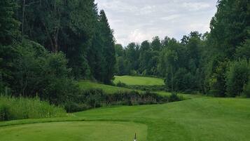 Een golfbaan met glooiende heuvels, weelderige bomen en een heldere lucht.