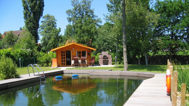 Ein Schwimmbecken mit Holzterrasse, eine kleine Holzhütte und umgebende Grünflächen.
