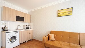 A compact living space with a kitchenette, a washing machine, a sofa, and a framed picture on the wall. - Authentic Apartments Oldcity (İstanbul)