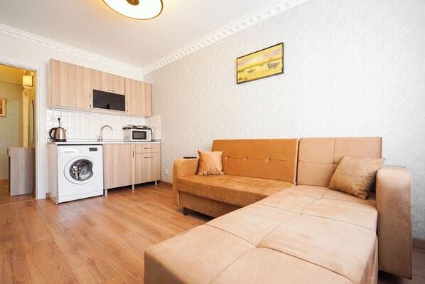 A modern apartment with a kitchen, a sofa, and a washing machine.