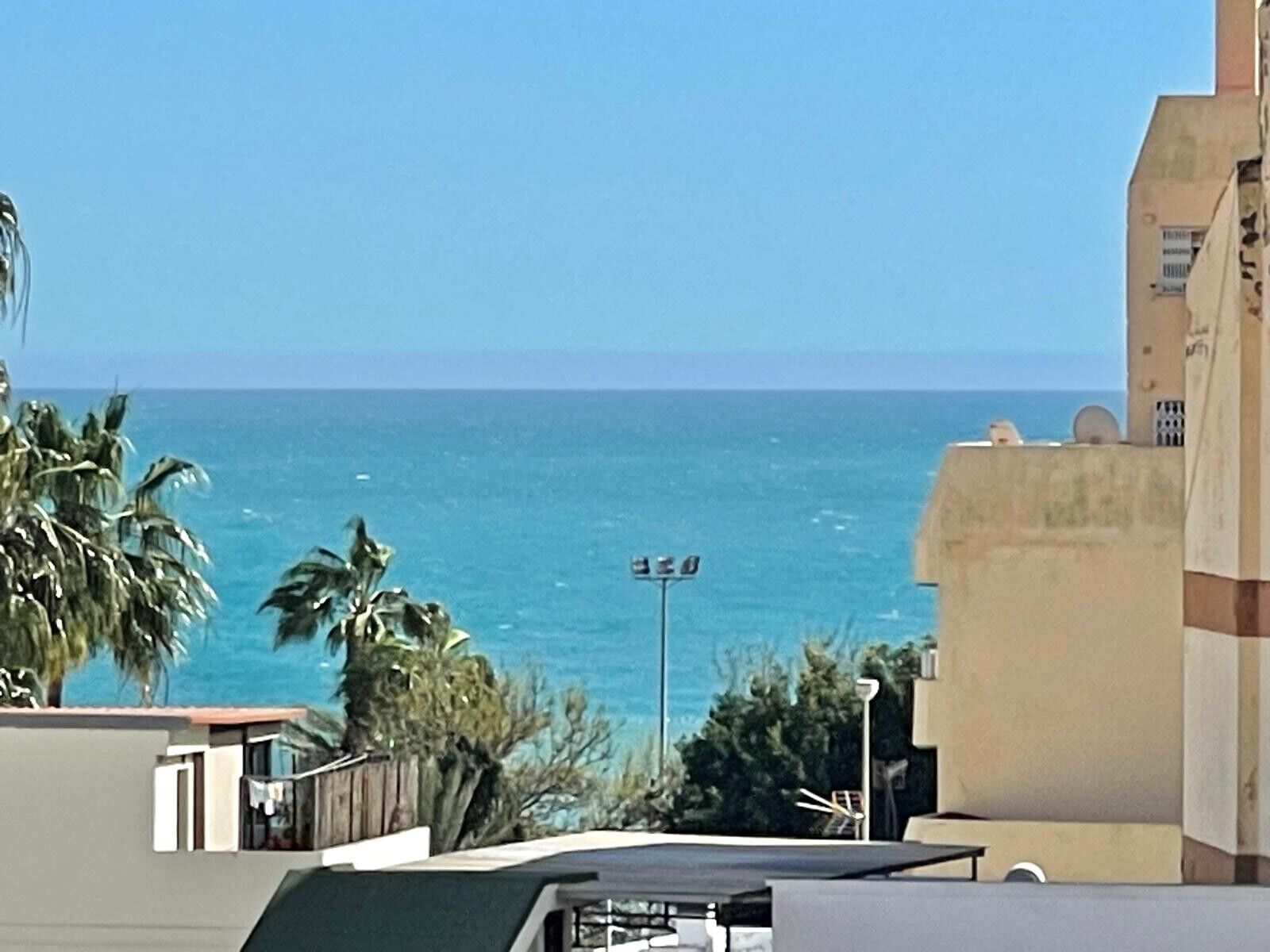 A coastal view with a clear sky, a building with a flat roof, and palm trees.