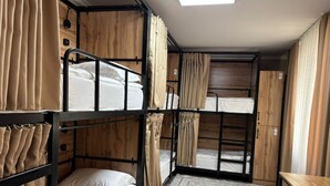 A bunk room with wooden walls, a skylight, and curtains. - Halo.Hostel (Bishkek)