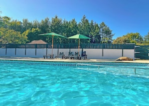 Ein Schwimmbecken mit klarem, blauem Wasser, umgeben von einem Zaun und beschattet durch zwei Sonnenschirme.