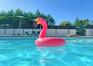 A swimming pool with a pink flamingo float. - Superior 3 Bed (Pet) (Hayle)