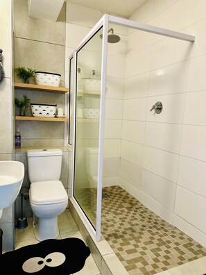 Ducha, secador de pelo, toallas y jabón