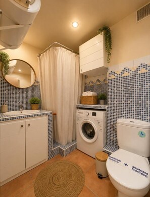 Ein kleines Badezimmer mit Waschmaschine, Toilette und Spiegel.
