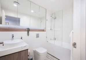 Chuveiro, secador de cabelo, toalhas de banho, sabonete