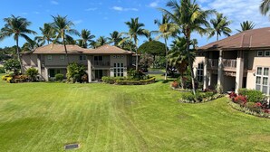 A residential area with two houses, well-maintained lawns, and palm trees. - 3BR Golf Course View Condo Waikoloa Colony Villas #805 - Vrkcv (Waikoloa)