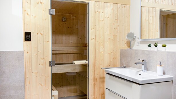 Une salle de bain aux murs lambrissés, équipée d’un sauna, d’un lavabo avec un miroir et d’une petite plante posée sur le comptoir.