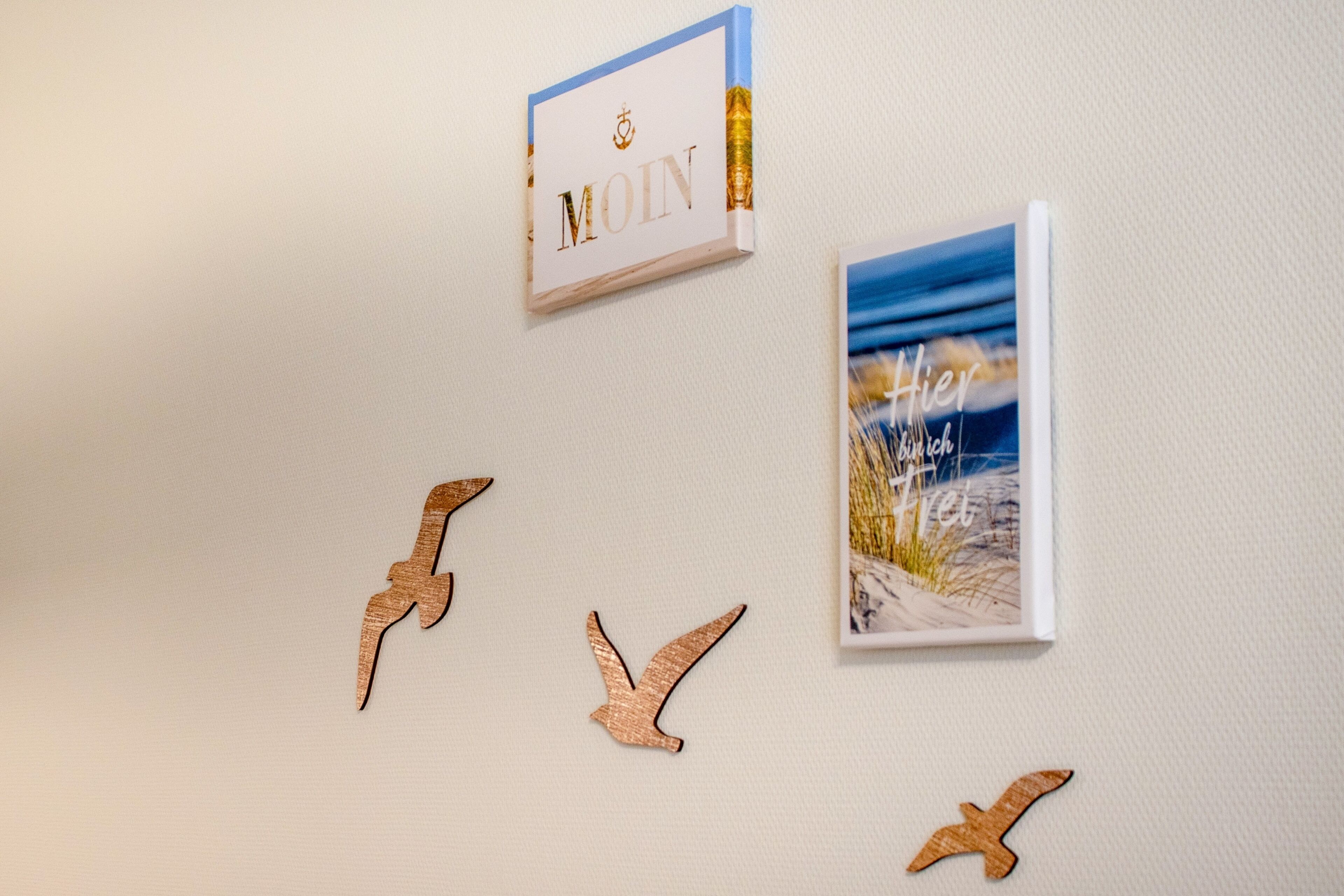 A wall with a framed sign reading 'MOIN' and a framed picture with the text 'Hier' and 'pouvez-vous'.