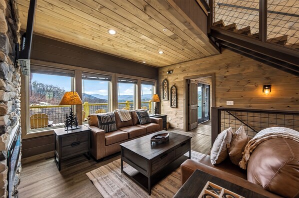 Smart TV, fireplace - Skywalk: Panoramic Smoky Mountain Views, Wraparound Deck, Hot Tub & Pool Table (Sevierville)