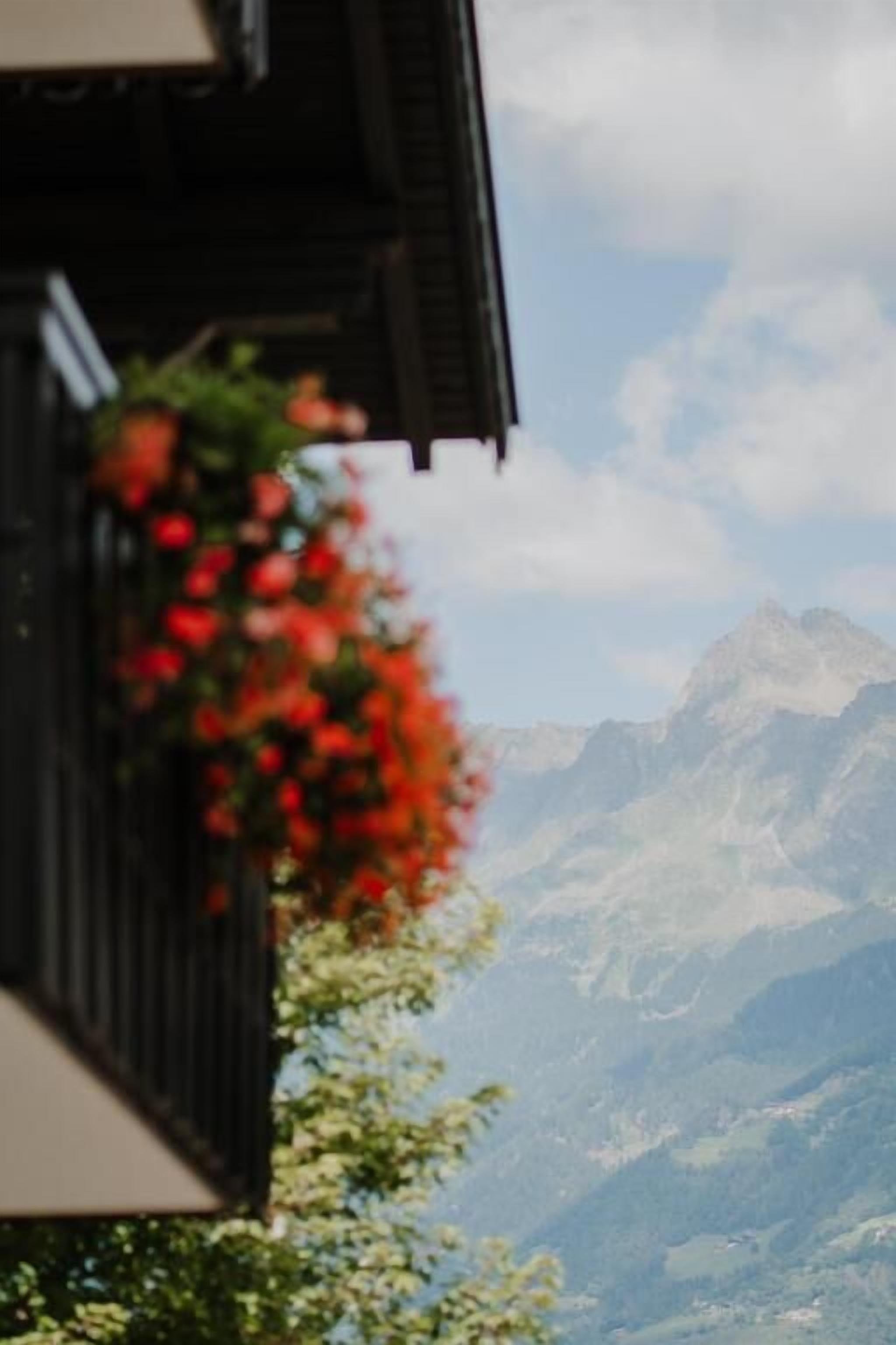 A mountain view with a building in the foreground.