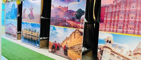 A series of panels with images of historical buildings and scenes, likely part of a display or exhibition.