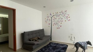 Un saló amb un sofà gris, una catifa blava, una paret amb una calcomania d'un arbre i un gos portant un abric.