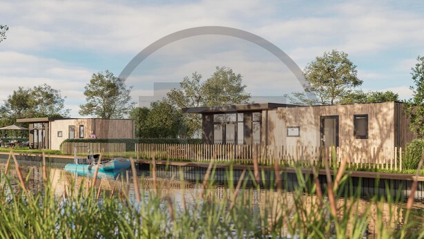A modern outdoor pool area with wooden structures, a clear sky, and a calm water body. - Stunning home in Vinkeveen with sauna (Vinkeveen)