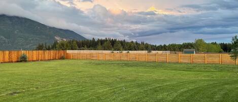 A grassy field with a wooden fence and a mountain in the background.
