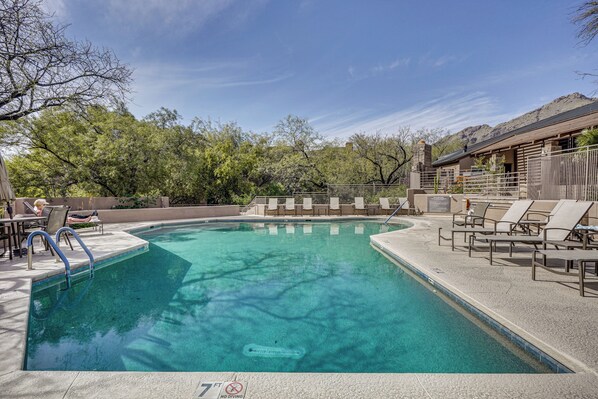 A rectangular swimming pool with a no diving sign, surrounded by lounge chairs and a covered seating area. - 3 Mi to Sabino Canyon! Snowbird Escape w/ Pool (Tucson)