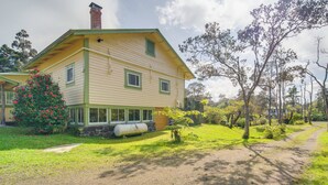 A two-story house with a green roof, a chimney, and a front porch. - Lush Island Oasis Near Volcanoes National Park (Volcano)