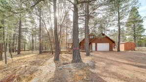 A cabin with a garage and a small shed in a forested area. - Great for Families! Woodsy Haven in Happy Jack (Happy Jack)