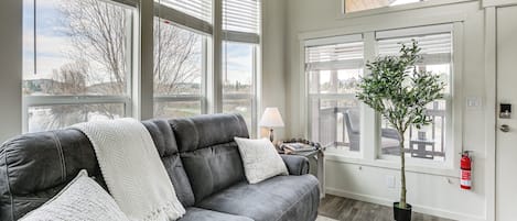 A modern living room with a gray leather sofa, a white throw blanket, and a potted plant.