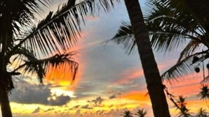 A table with two cans of beer and a glass of water, set against a backdrop of a sunset over the ocean with palm trees. - Perfect view mirissa (Mirissa)