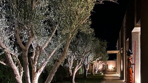 A nighttime scene with a pathway lined by trees and a statue of a character holding a staff. - Villa Zen'O | Palmeraie view | Heated swimming pool (Marrakech)
