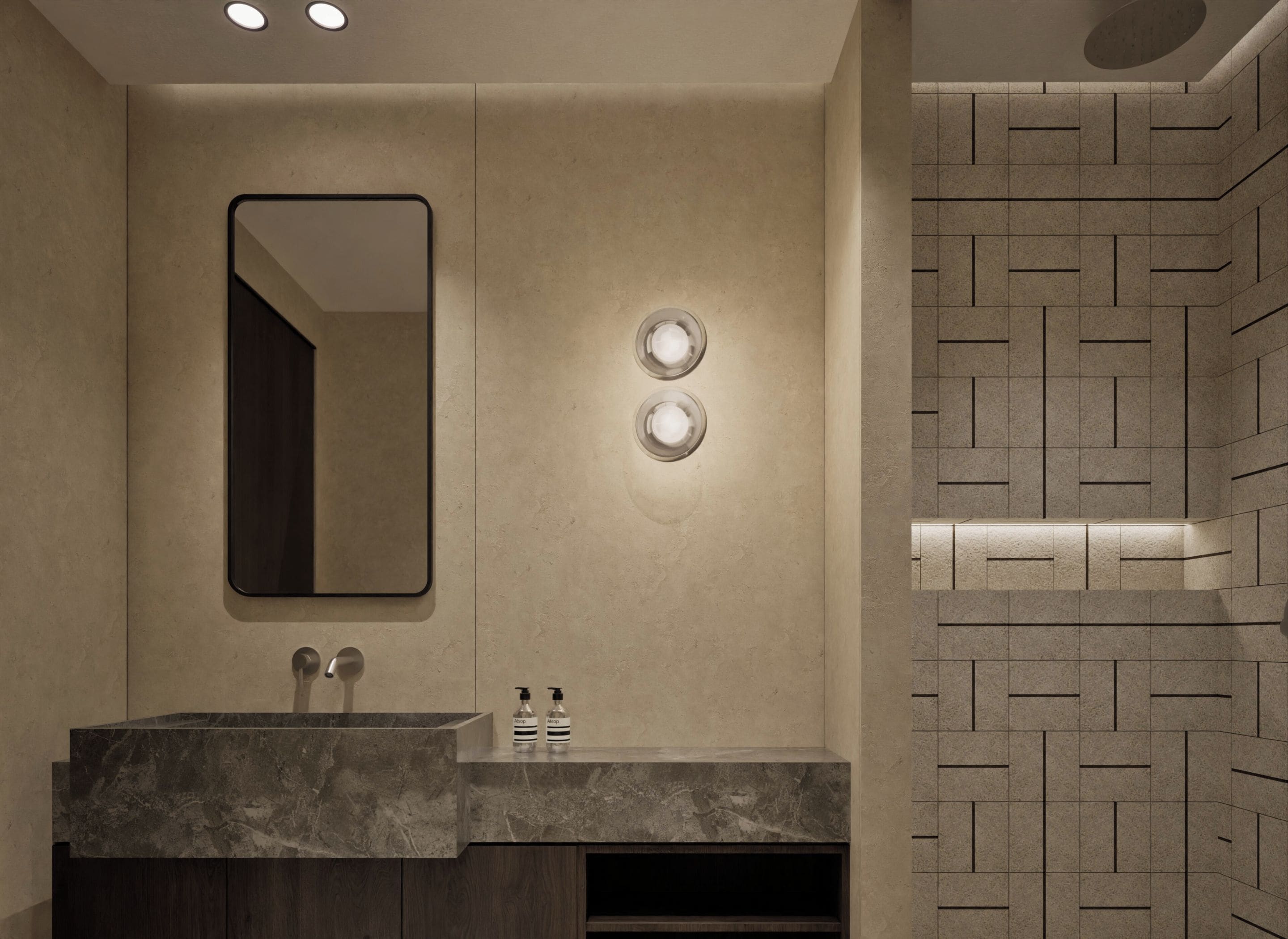 A modern bathroom with a marble sink, a large mirror, and a patterned wall.