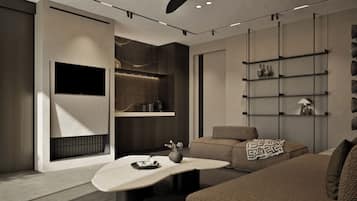 55-inch Smart TV with cable channels, fireplace