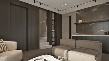 55-inch Smart TV with cable channels, fireplace