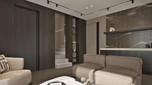 55-inch Smart TV with cable channels, fireplace