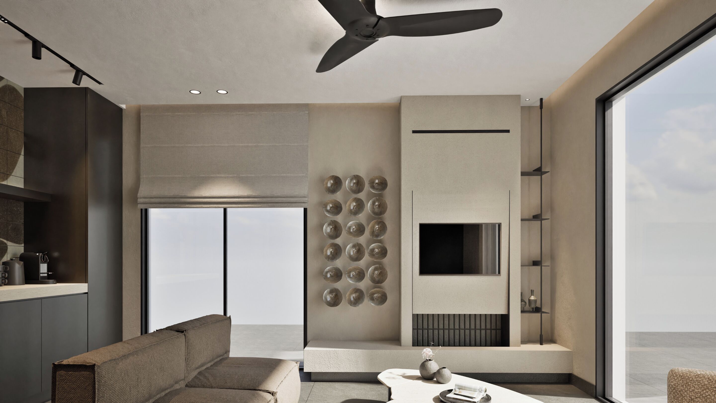 55-inch Smart TV with cable channels, fireplace