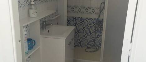 A small bathroom with a white sink, a mirror, and a shower with blue and white mosaic tiles.