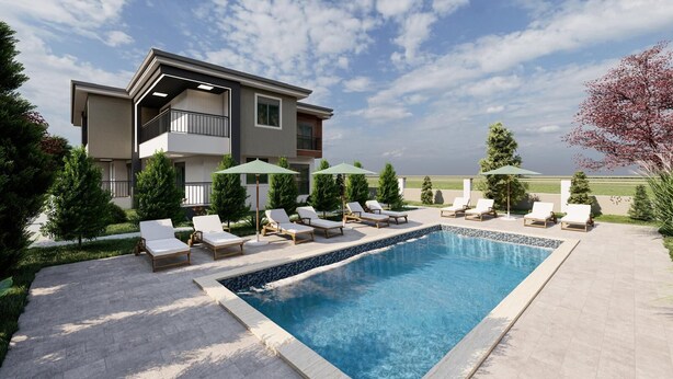 A modern two-story building with a swimming pool, sun loungers, and umbrellas. - Nest Park Side | Evrenseki
 Modern & Lüks Daireler
 Havuzlu Site (Antalya)