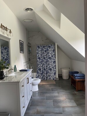 Douche, sèche-cheveux, serviettes fournies, savon