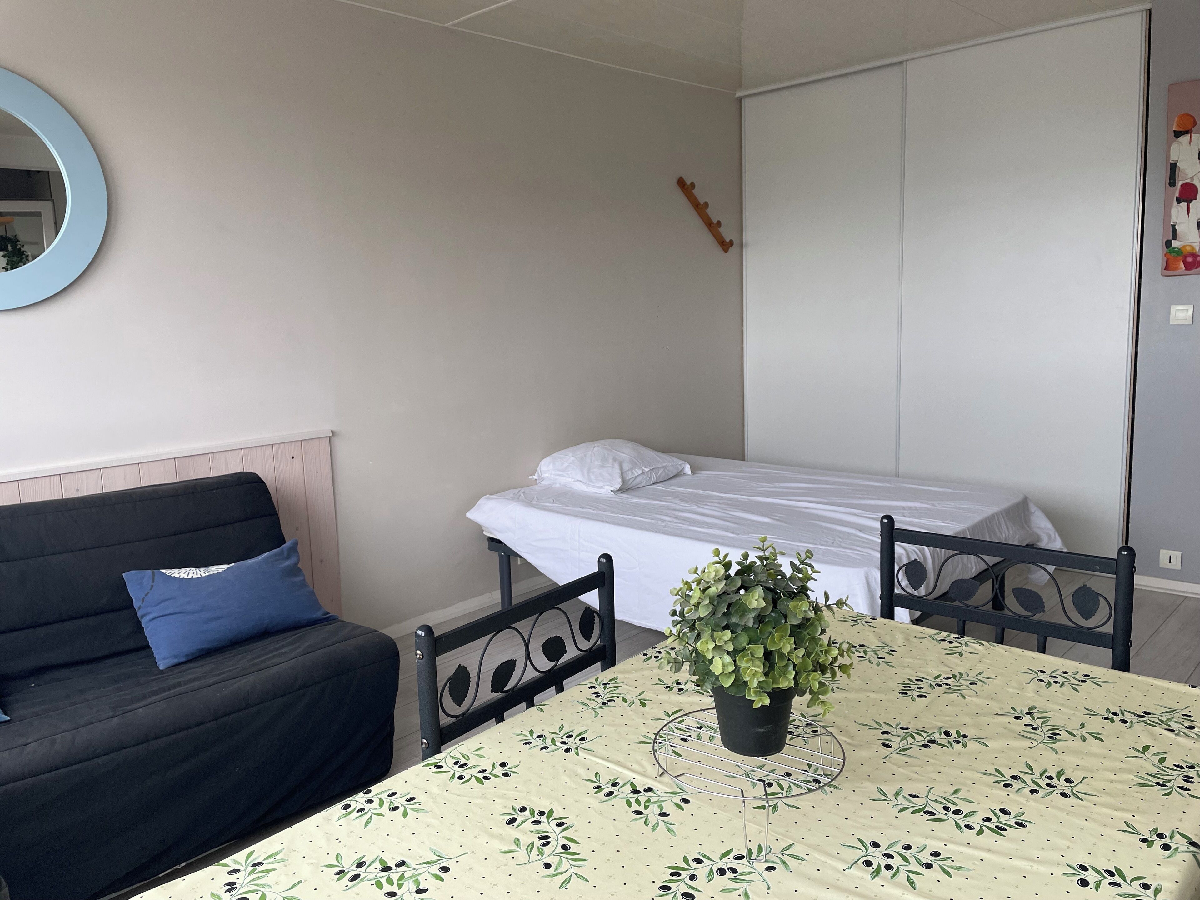Et værelse med en seng, en sofa, et spisebord med en plante og et spejl monteret på væggen.