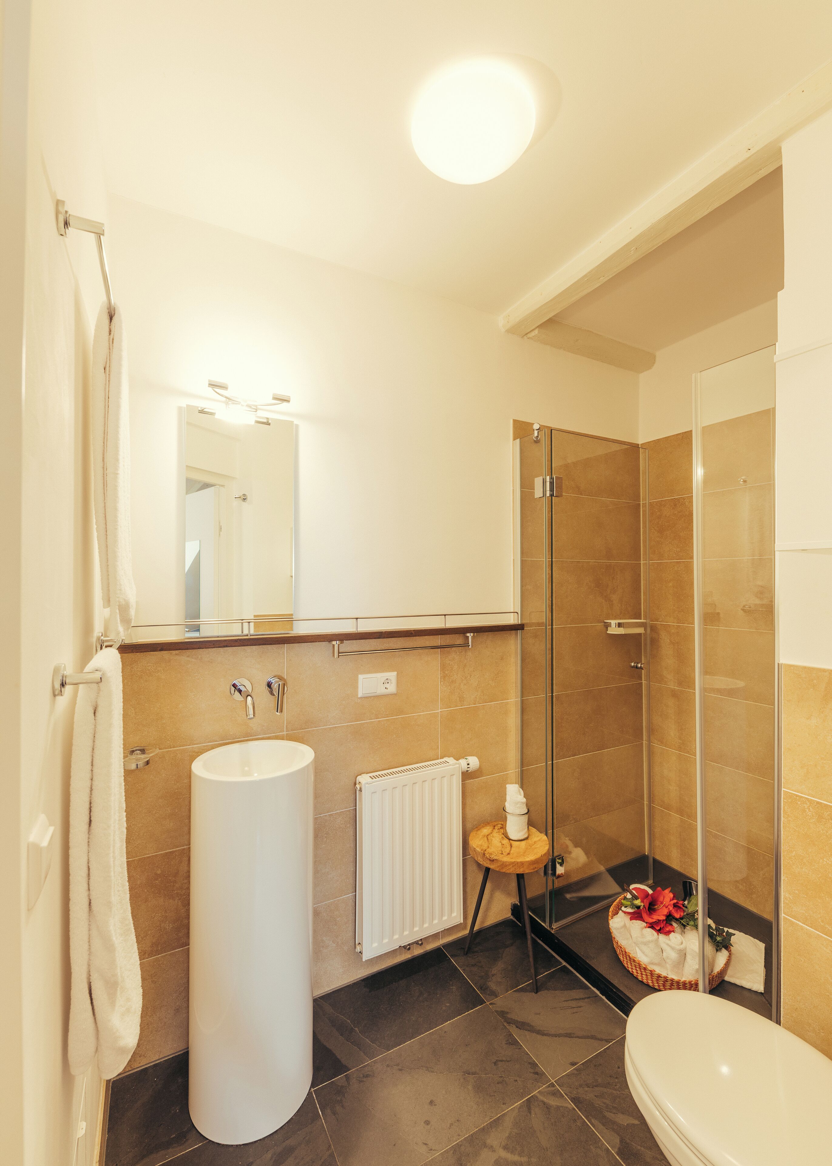 Une salle de bain avec un lavabo blanc, des toilettes, une douche en verre et un miroir au-dessus du lavabo.