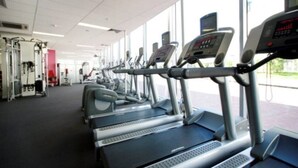 Une rangée de tapis de course dans une salle de sport, avec de grandes fenêtres et du matériel d’exercice en arrière-plan.