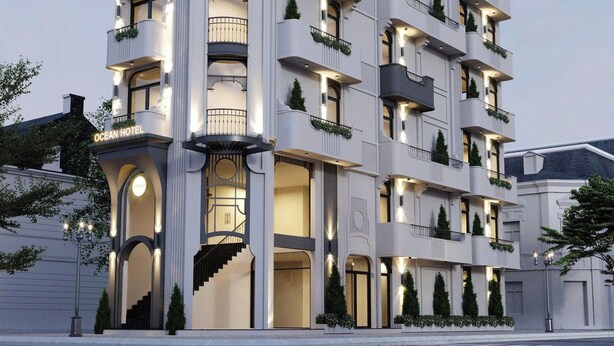 A multi-story hotel with balconies, a staircase, and a sign reading 'OCEAN HOTEL'. - OCEAN HOTEL NINH BINH (Hoa Lu)