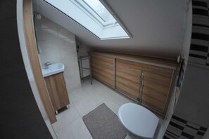 A compact bathroom with a skylight, a sink, a toilet, and a wooden vanity. - Holiday home, 4 bedrooms, private garden (Debina)