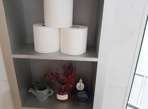 En hylde med toiletpapir, en potteplante, en vase med røde blomster og et ur.