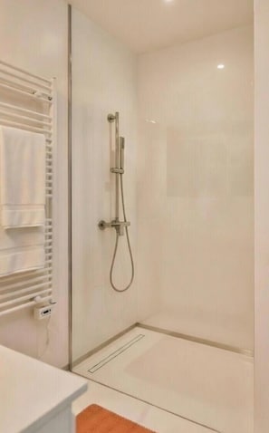 Douche, sèche-cheveux, serviettes fournies, savon