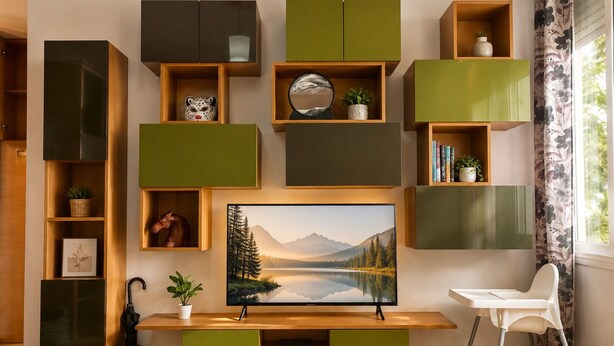Moderni olohuone, jossa on litteänäyttöinen televisio, puuhyllyt ja valkoinen tuoli.