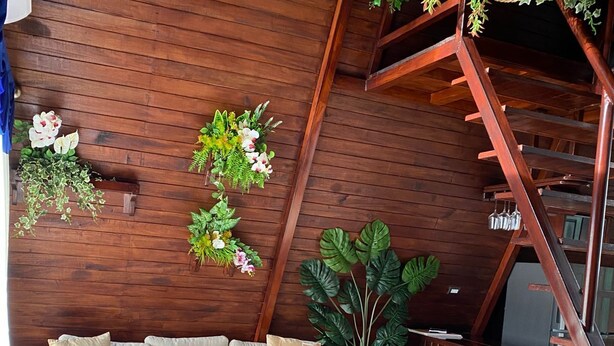 Un interior moderno con pared de madera, un sofá con cojines, una mesa de centro, una planta grande y una escalera de madera.