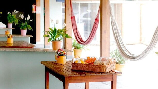 A wooden table with a basket of fruits and a yellow teapot, surrounded by potted plants and a hammock.