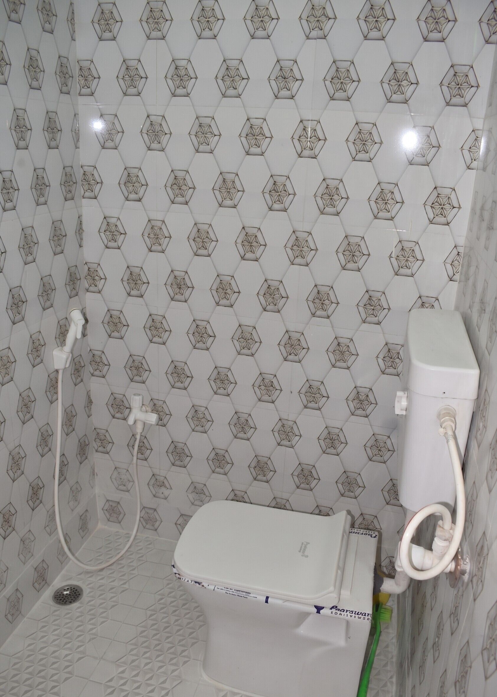 A bathroom with a toilet, shower, and a wall with a geometric pattern.