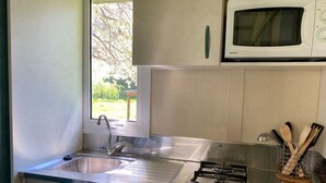 A compact kitchen with a gas stove, a sink, and a microwave. - Comfortable 2-Bedroom Chalet with Terrace in Vébron (Vebron)
