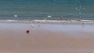 A beach with people walking and swimming, a flag, and a tent.