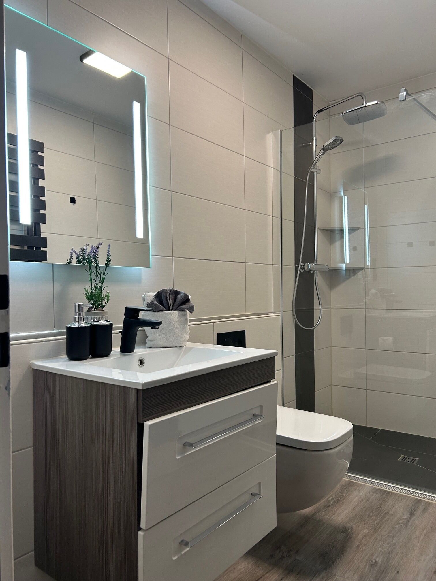 Douche, séchoir à cheveux, papier de toilette