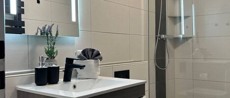 Douche, séchoir à cheveux, papier de toilette